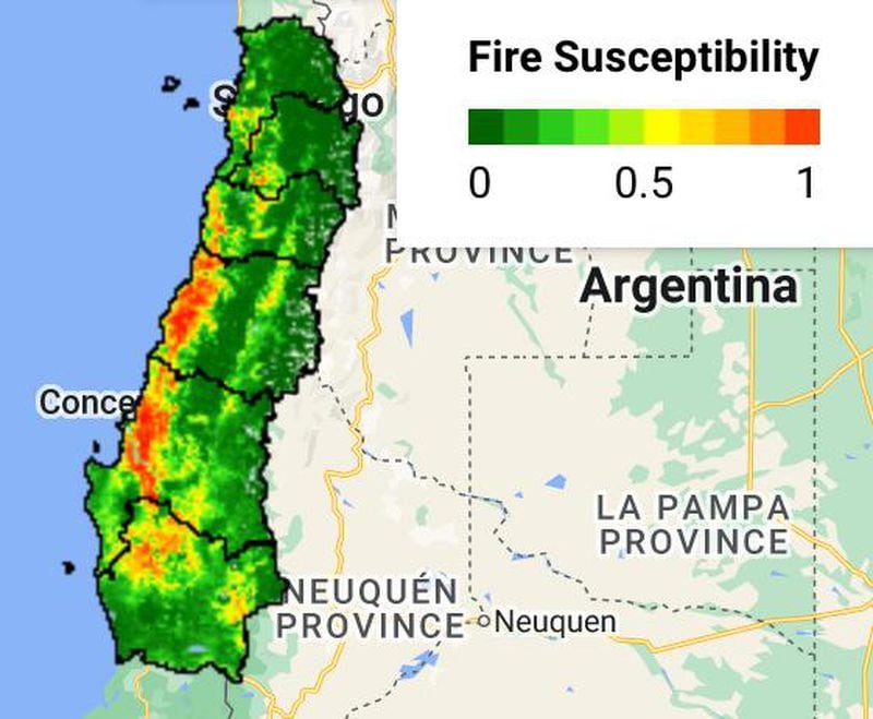 El mapa muestra las zonas donde es más susceptible que ocurra un incendio forestal.