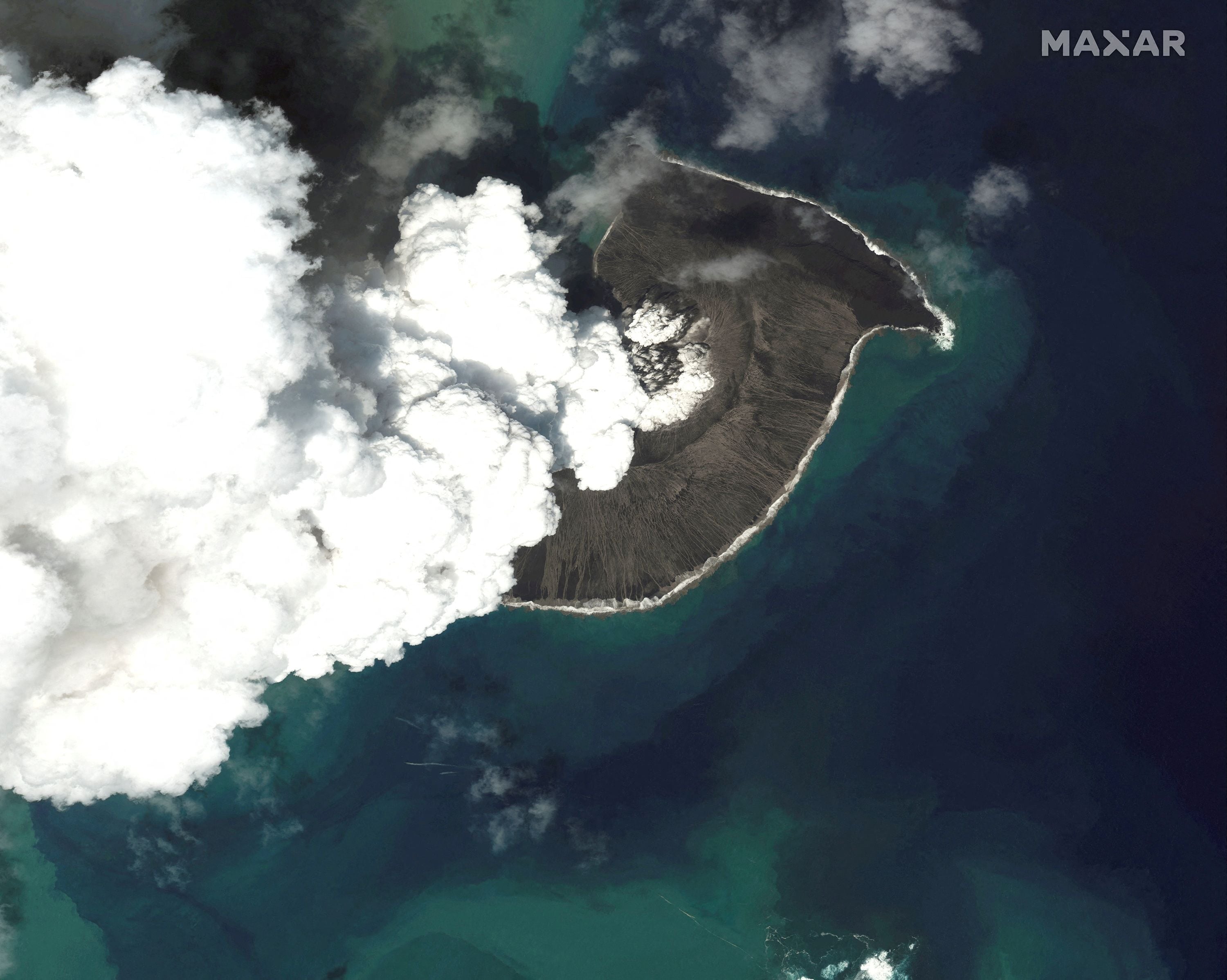 A satellite image shows the Hunga Tonga-Hunga Ha'apai volcano before its main eruption