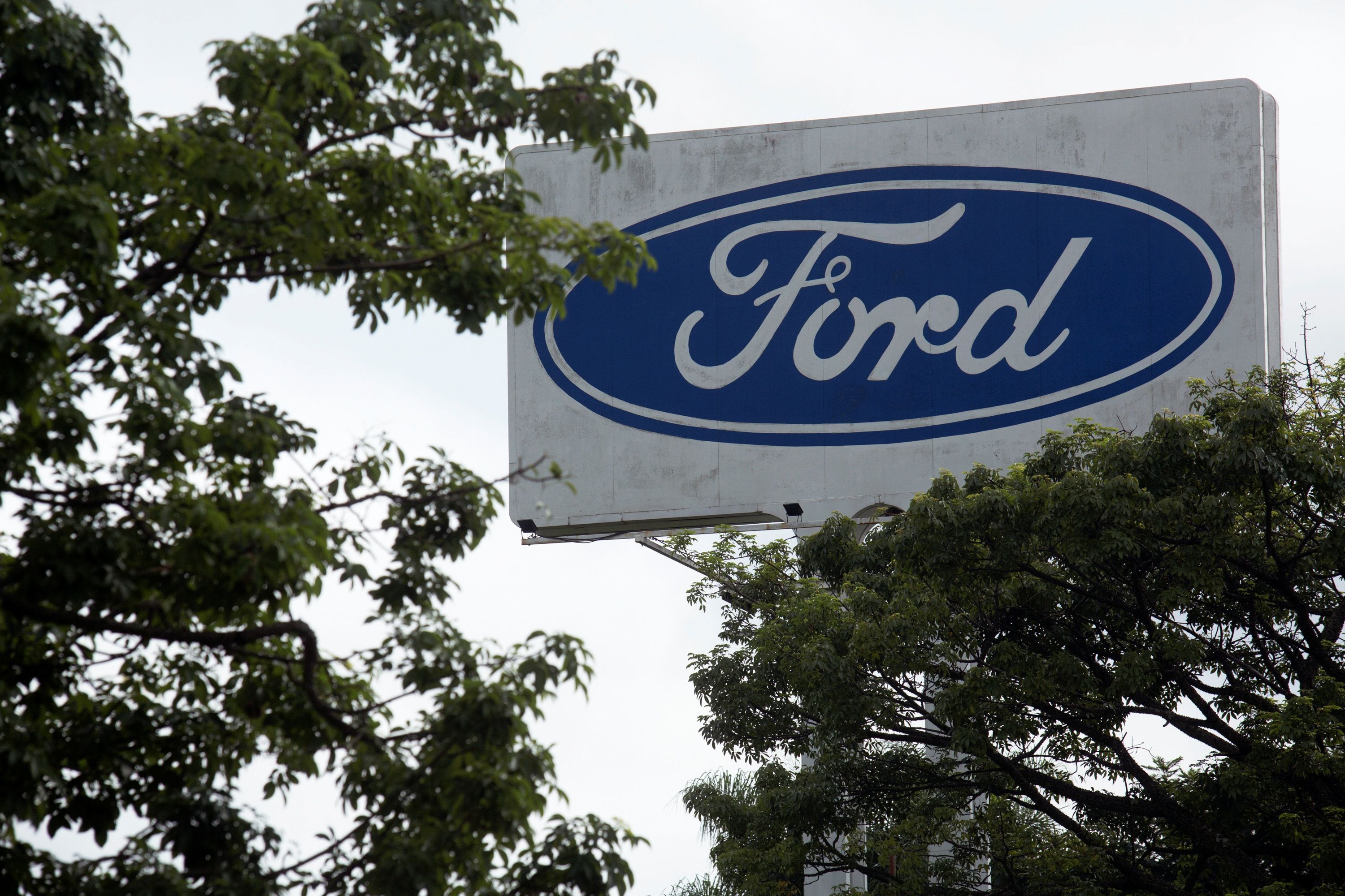 Ford logo is pictured at Ford Motor Co plant in Taubate